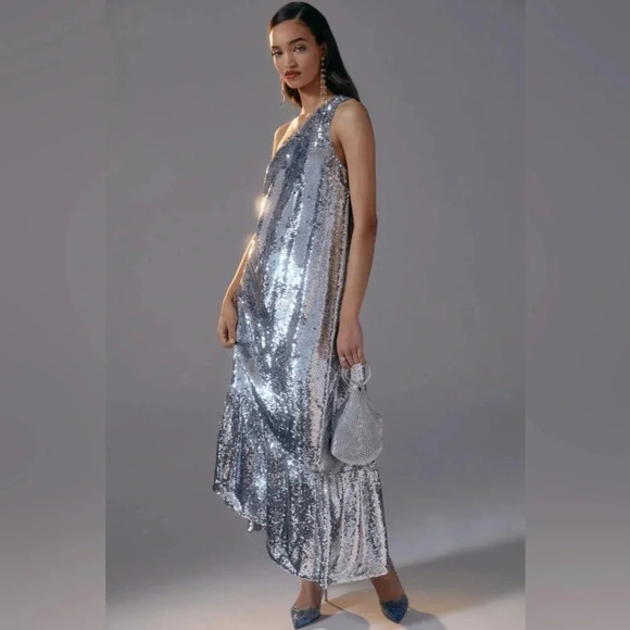 Anthropologie Maeve One-Shoulder Silver Sequin Formal Dress Size Small S NWT - Picture 5 of 8